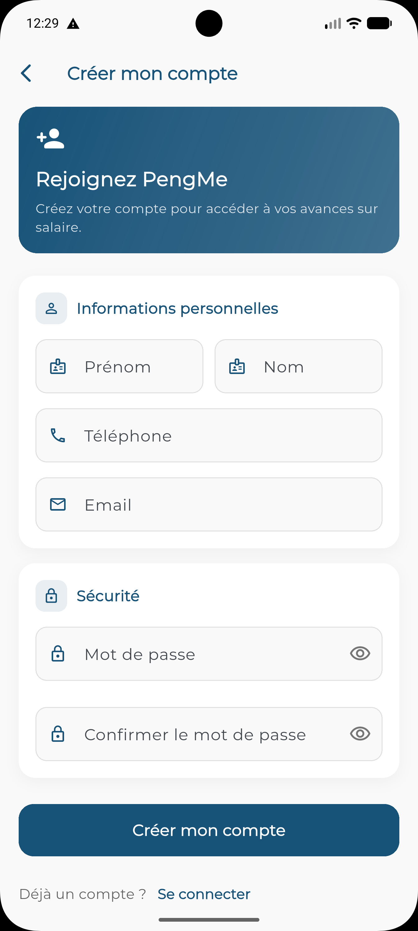 Création d'un compte utilisateur dans l'application PengMe pour l'avance sur salaire