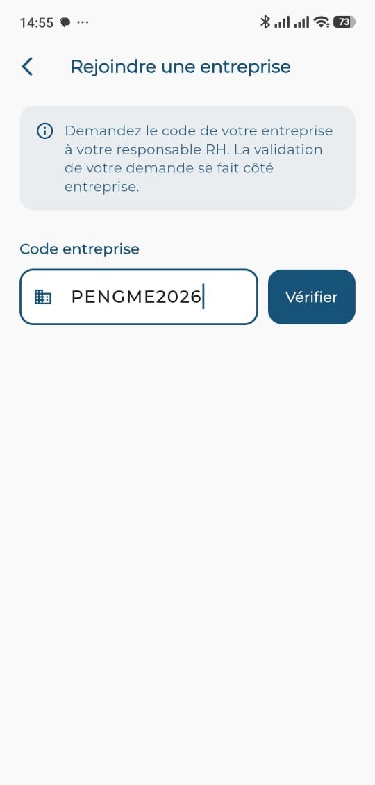 Écran de rattachement à une entreprise partenaire sur PengMe