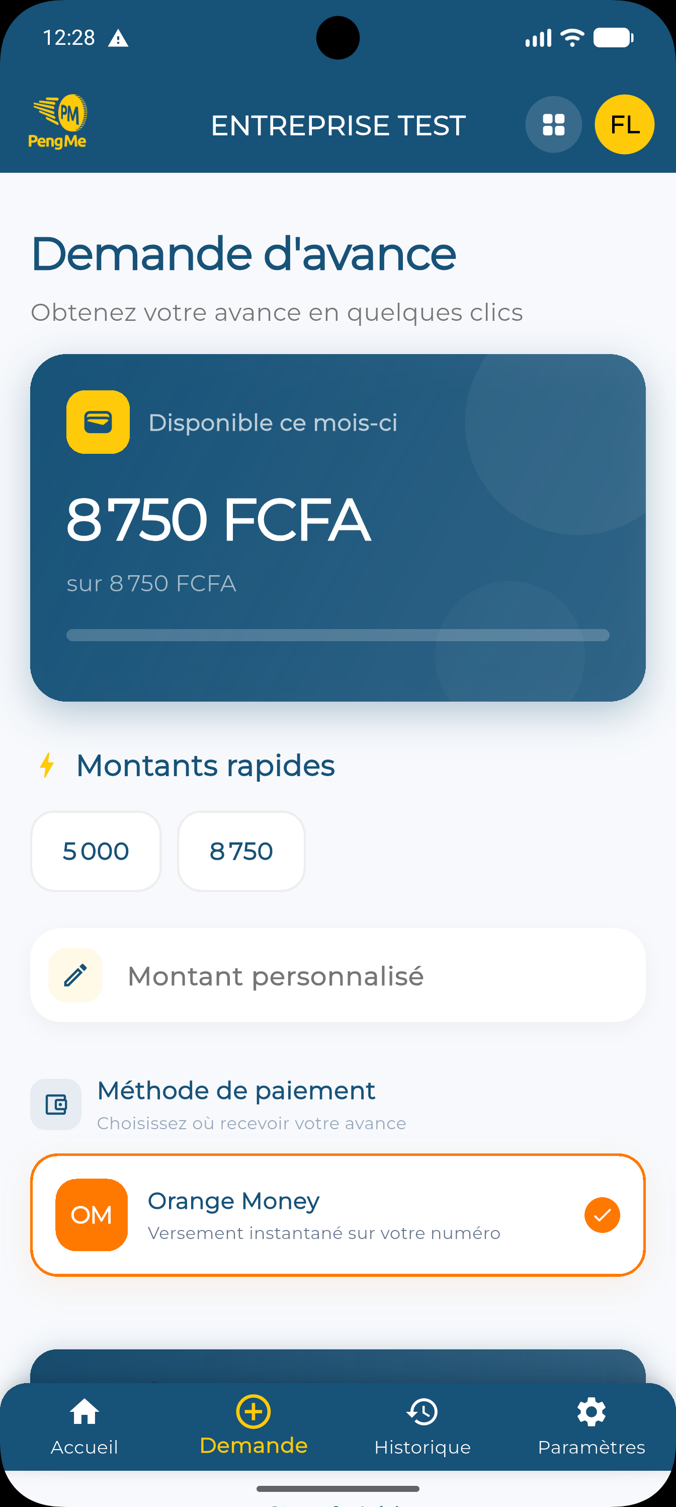 Écran de demande d'avance sur salaire sur l'application mobile PengMe